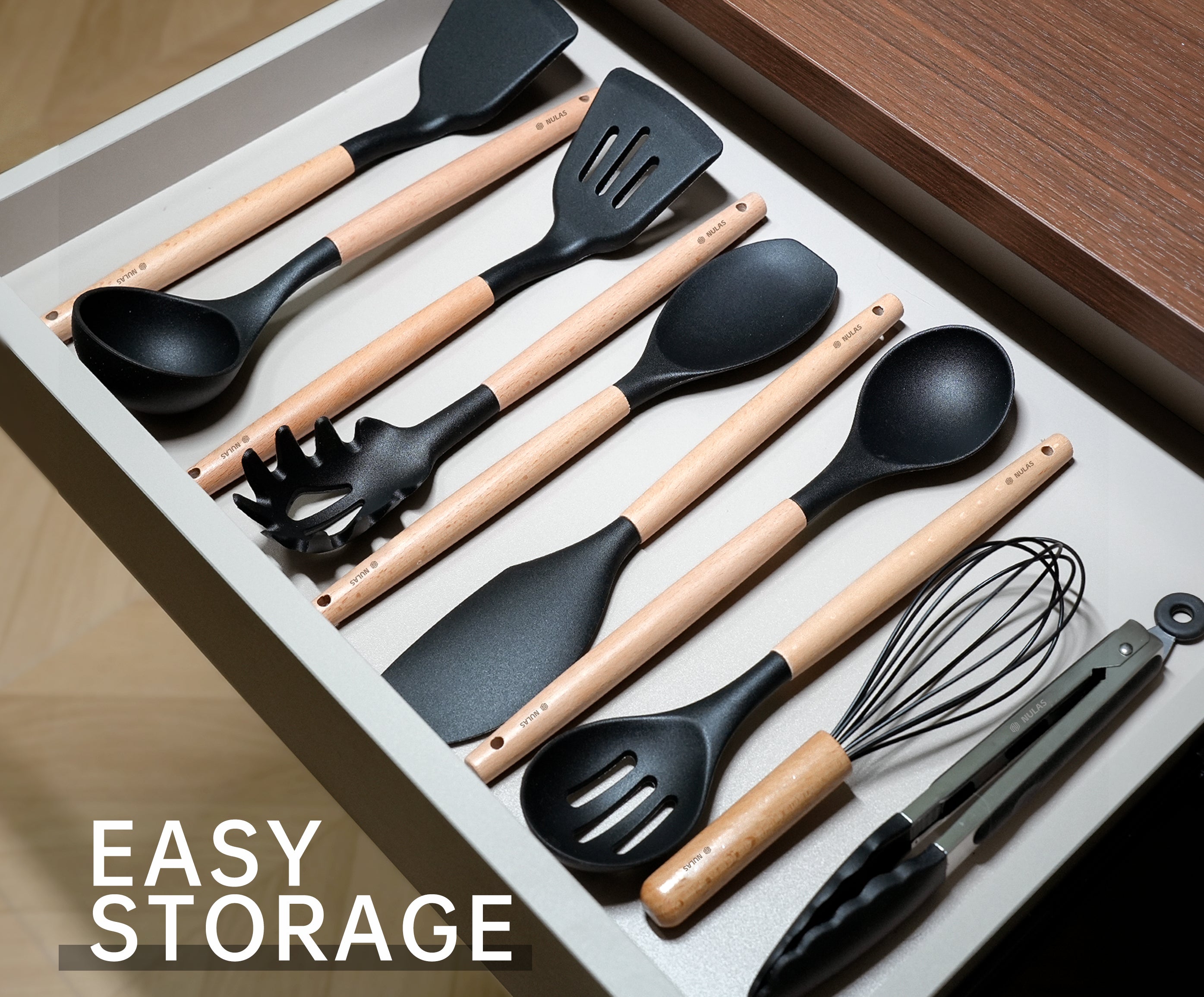 NULAS Silicone Cooking Utensils Set 10 Pcs - BPA Free Kitchen Utensil Set with Heat-Resistant Wood Handles, Non-Scratch Spatula Set Safe for Nonstick Cookware (Black)