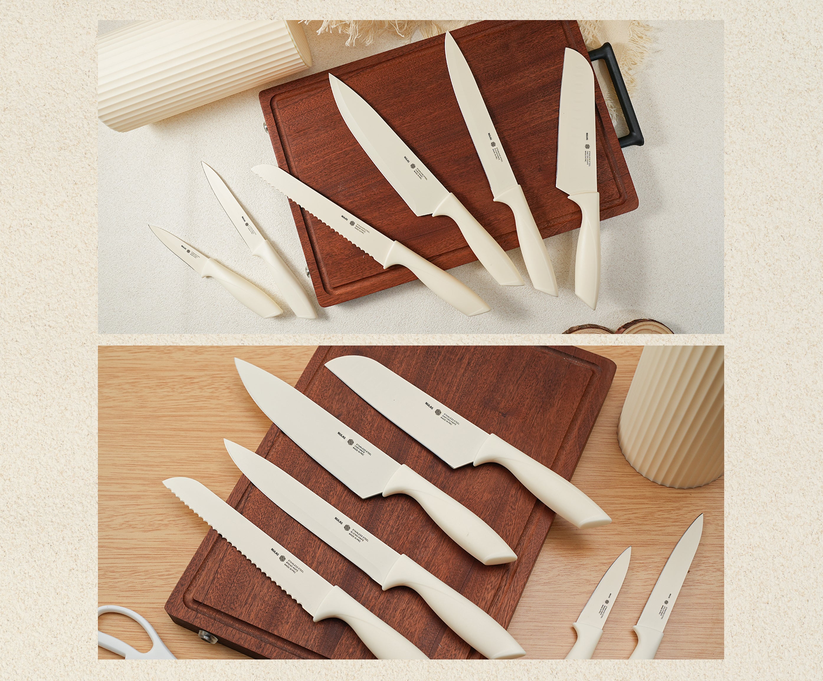 NULAS Knife Set, 8-Piece Kitchen Knife Set for Chef, Sharp Knife Set with Universal Knife Block, Anti-Rust Kitchen Knife Block Set, Ergonomical Design (White)