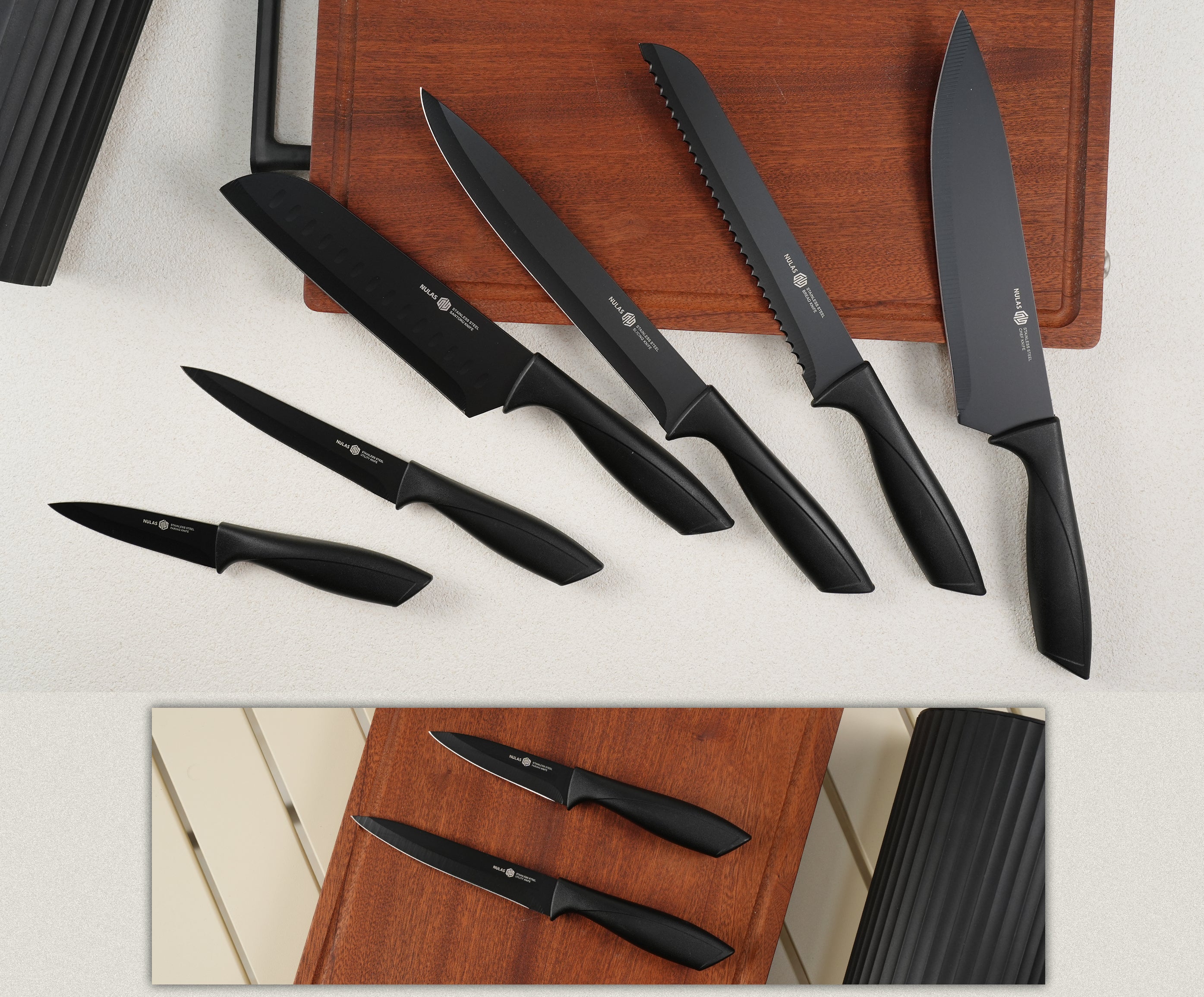 NULAS Knife Set, 8-Piece Kitchen Knife Set for Chef, Sharp Knife Set with Universal Knife Block, Anti-Rust Kitchen Knife Block Set, Ergonomical Design (Black)