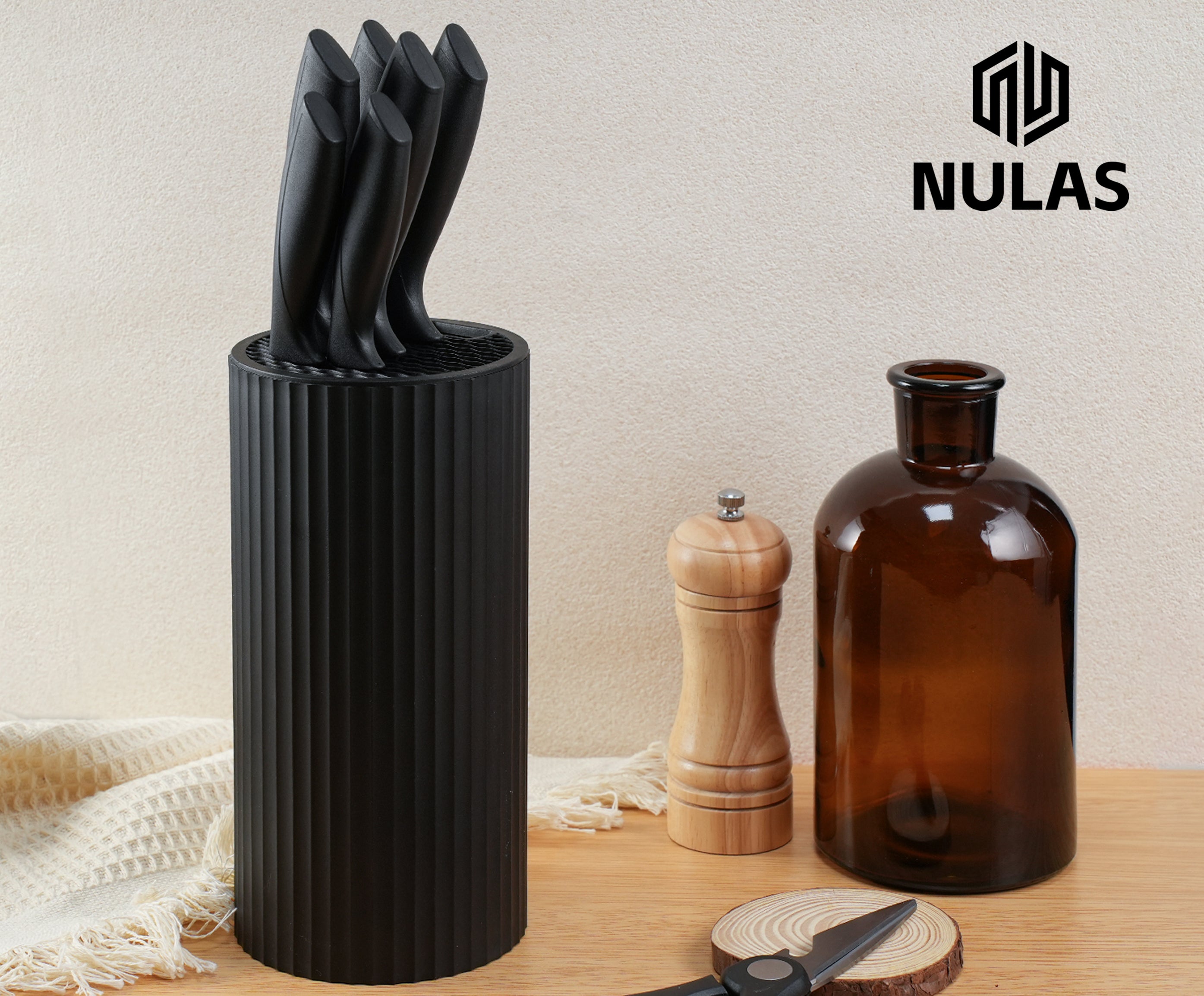 NULAS Knife Set, 8-Piece Kitchen Knife Set for Chef, Sharp Knife Set with Universal Knife Block, Anti-Rust Kitchen Knife Block Set, Ergonomical Design (Black)