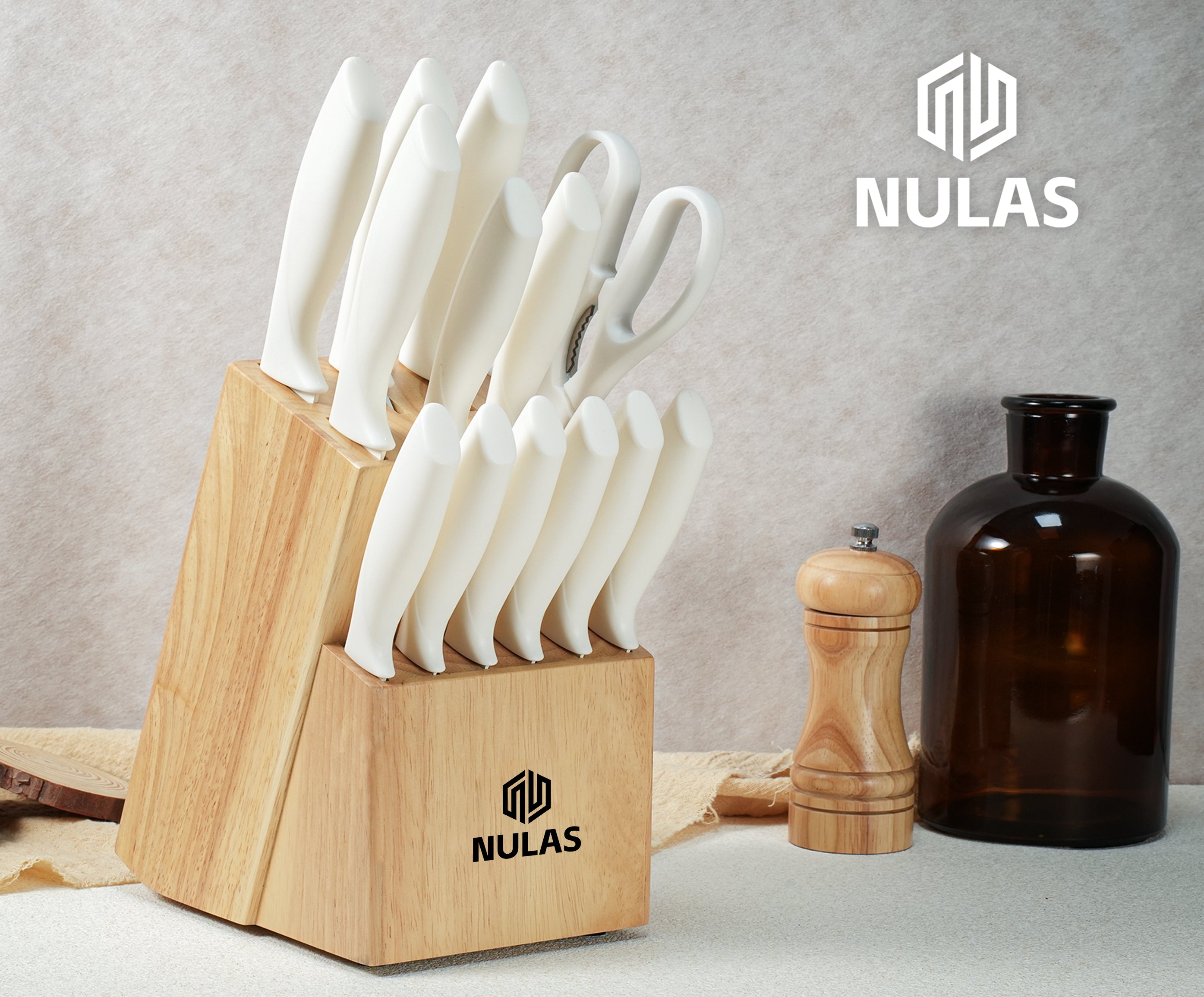 NULAS Knife Set,15 Pcs Kitchen Knife Set with Block Self Sharpening, Dishwasher Safe, Anti-slip Handle (Beige)