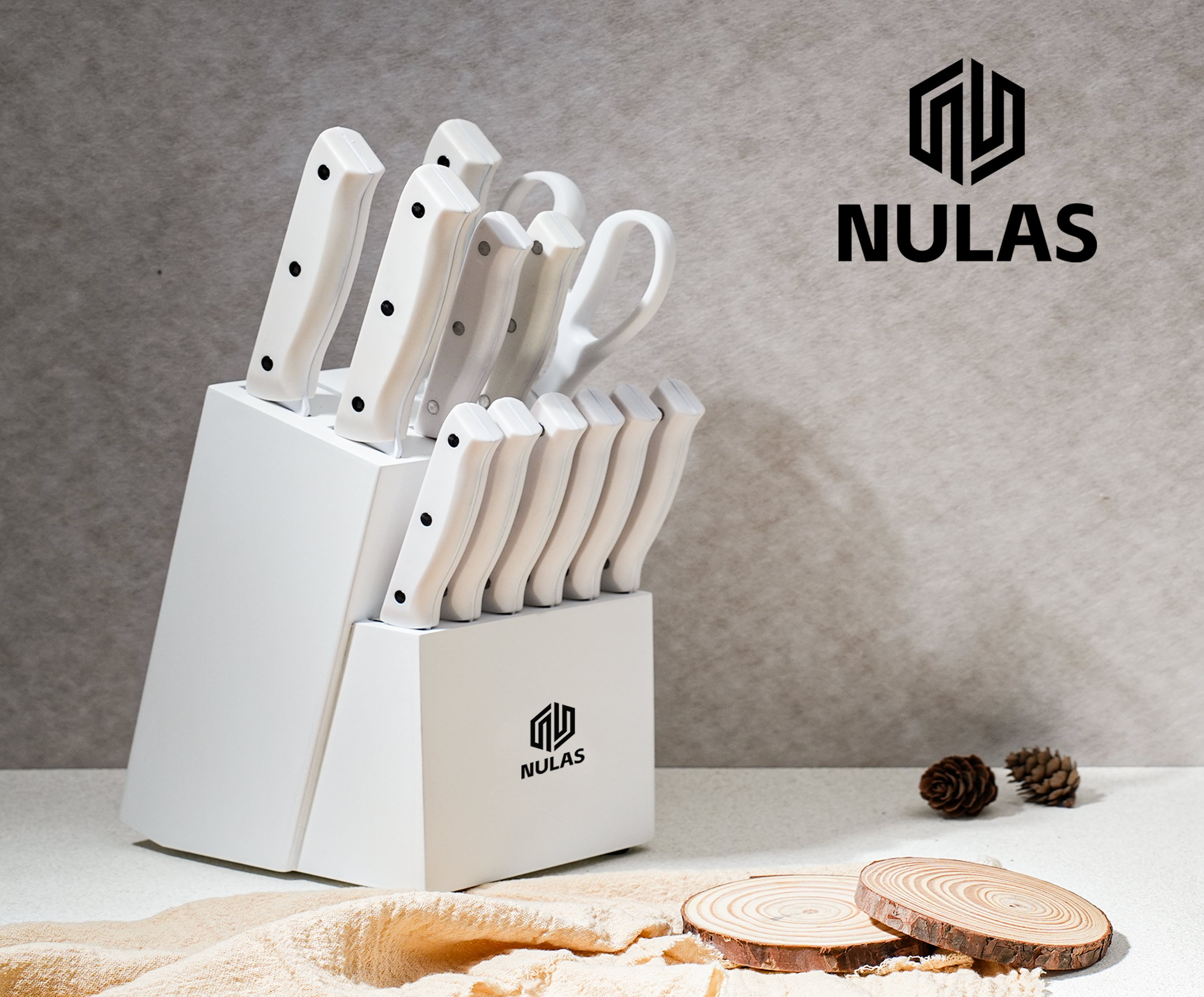 NULAS Knife Set, 15 Piece Kitchen Knife Set with Block and Built-in Sharpener, Dishwasher Safe, Anti-slip Handle, White