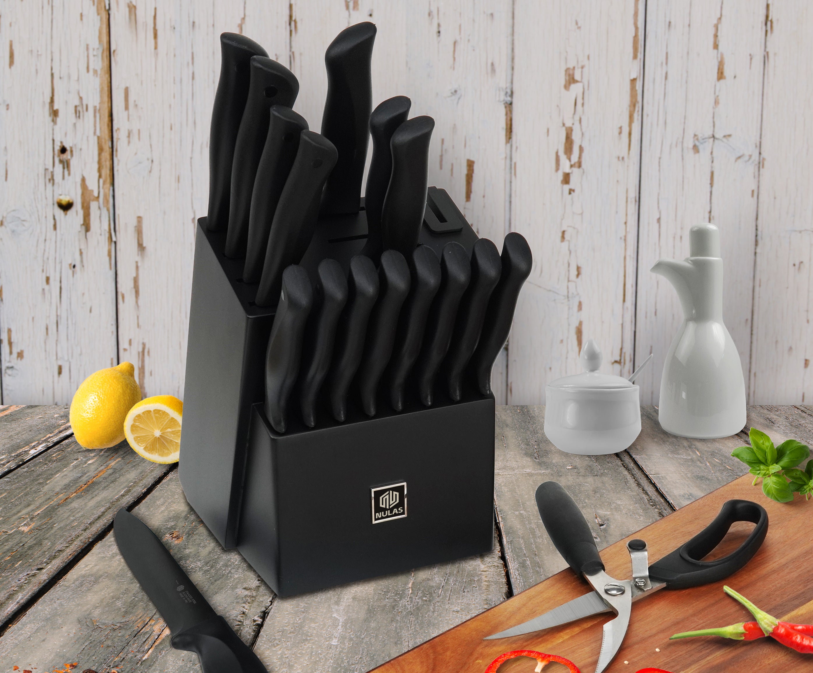 NULAS Knife Sets for Kitchen with Block, 19 Pcs Kitchen Knife Set with Block Self Sharpening, Dishwasher Safe, Anti-slip Handle, Black