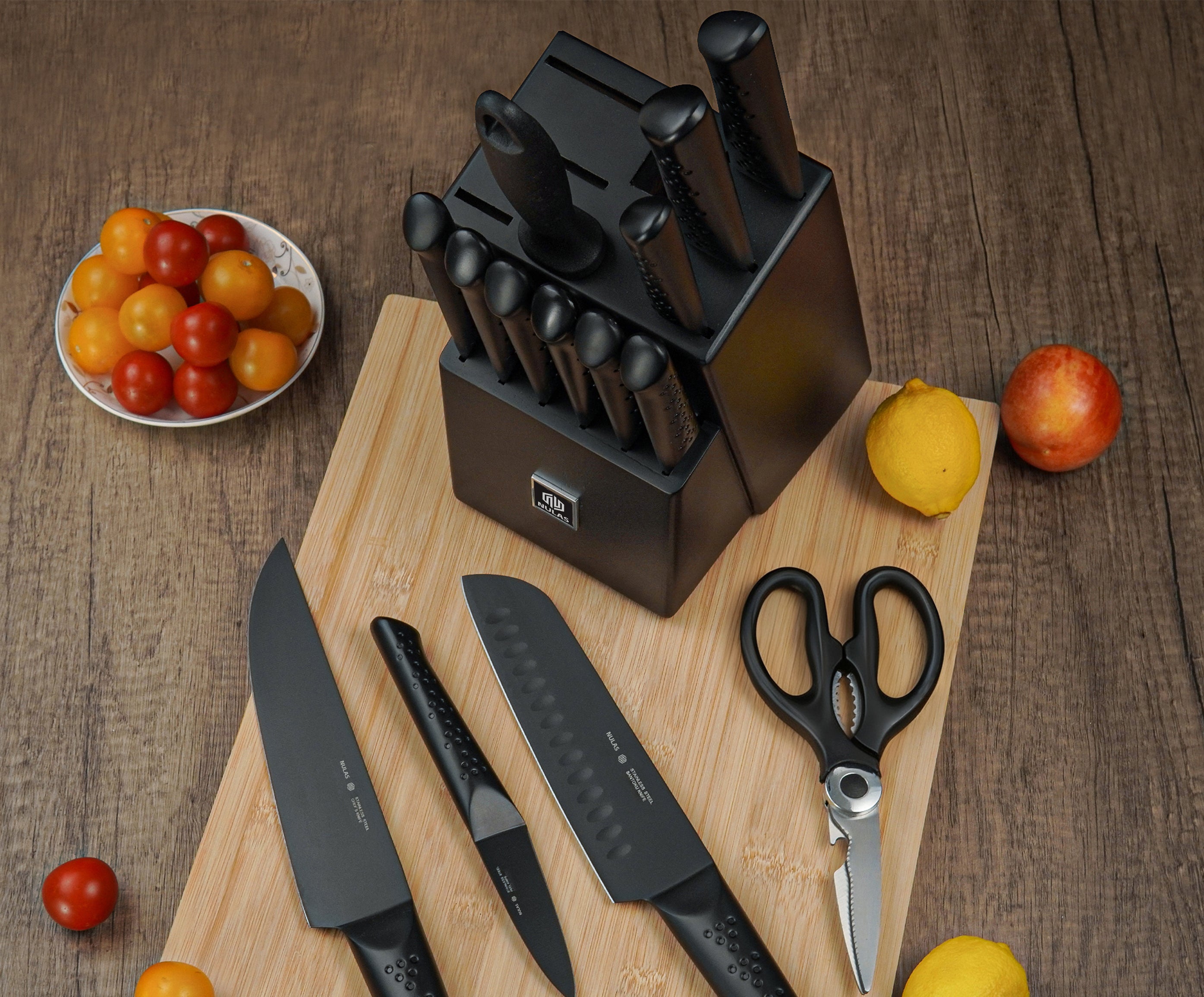 NULAS Knife Sets for Kitchen with Block, 15 Piece Knife Set with Built-in Sharpener, Dishwasher Safe, German Stainless Steel, Black