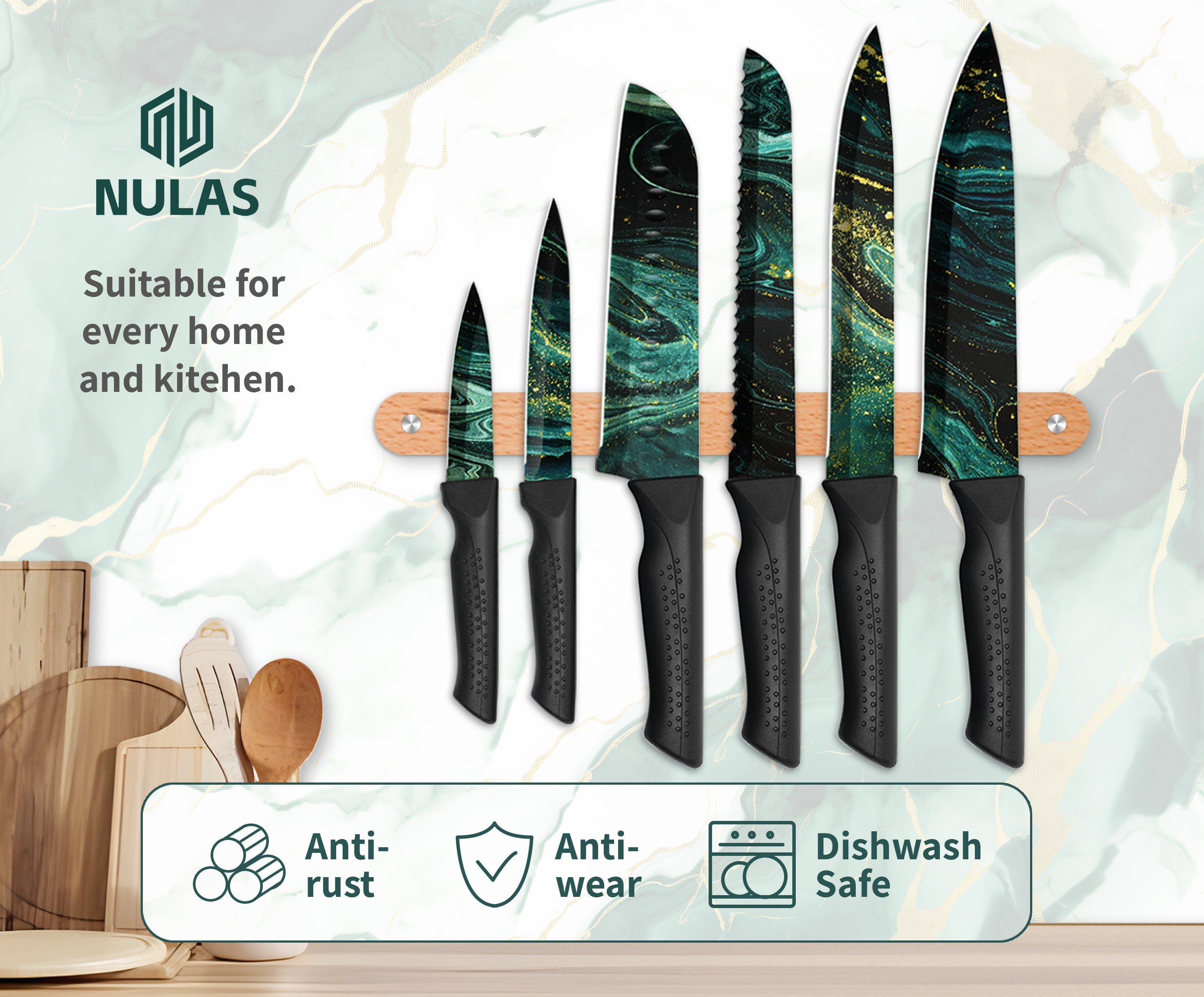 NULAS Knife Set, 12-PC Colorful Kitchen Knife Set, 6 Sharp Kitchen Knives with Covers for Cooking, Cutting&Chopping, Greenstone