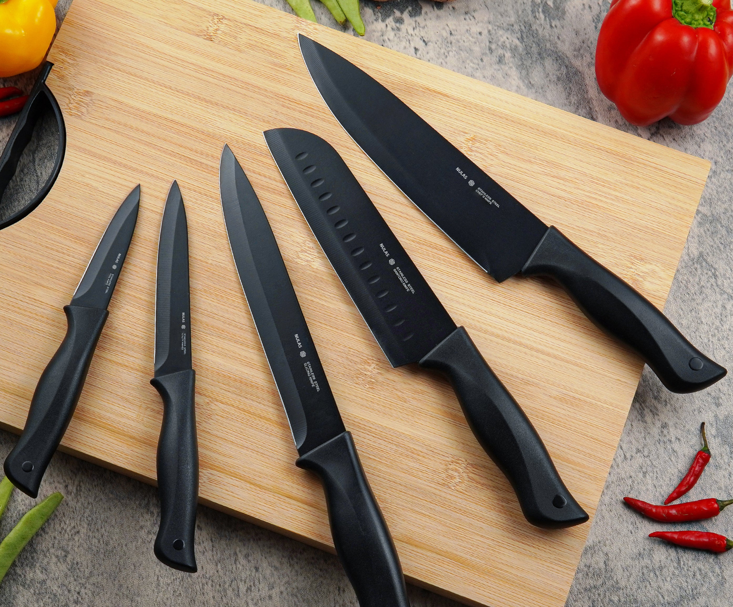 NULAS 15 Pcs Kitchen Knife Set with Block Self Sharpening, Dishwasher Safe, Anti-slip Handle, Black